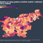 Slika prikazuje občine v Sloveniji in z barvno lestvico označeno, koliko sredstev na učenca katera občina namenja za nakup fizičnega gradiva.