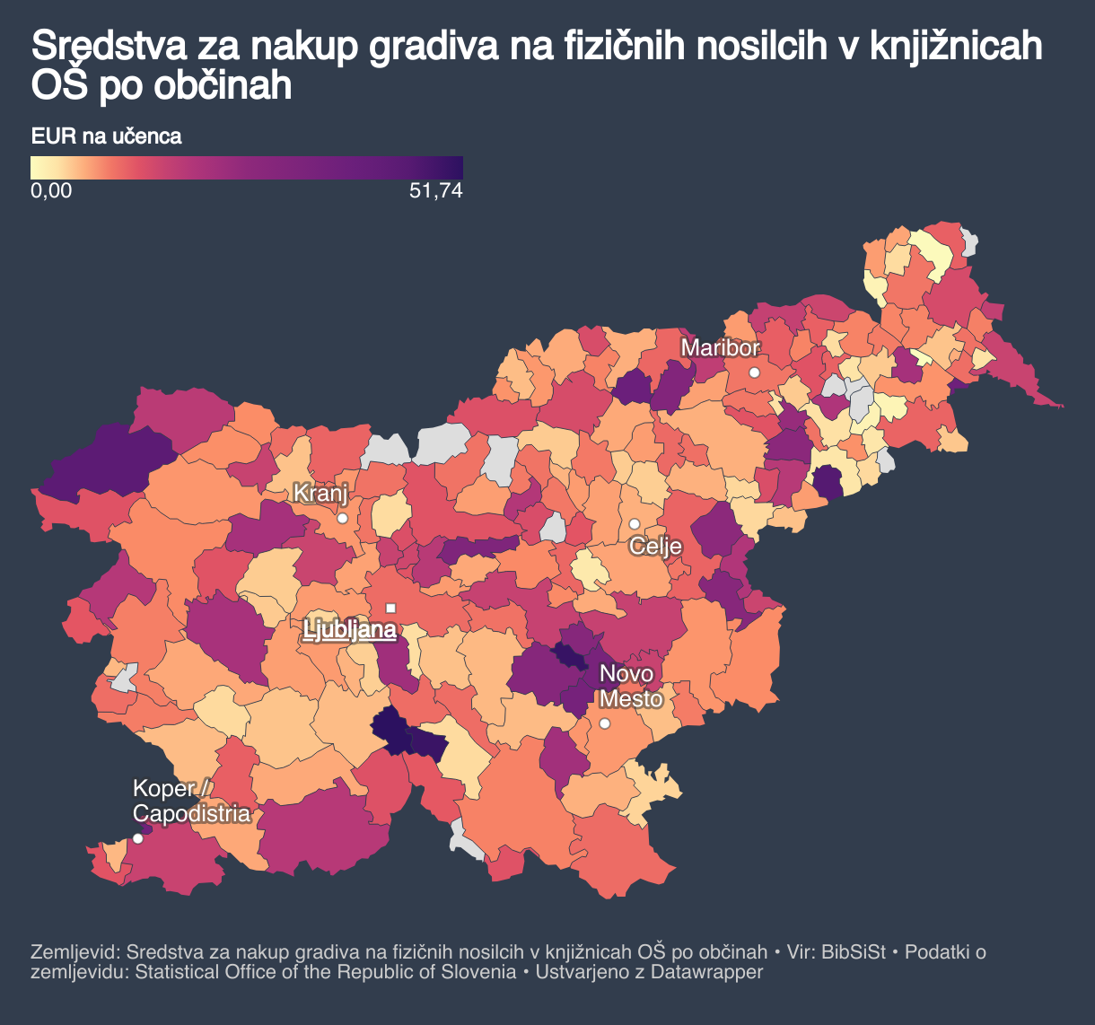 Slika prikazuje občine v Sloveniji in z barvno lestvico označeno, koliko sredstev na učenca katera občina namenja za nakup fizičnega gradiva.